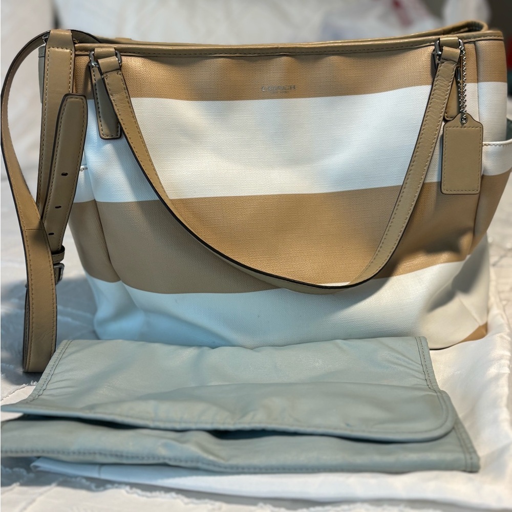 Coach Tan and White Shoulder Bag/ Baby Bag with Leather Trim